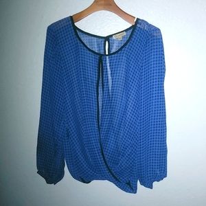 Democracy L Black Lapis Blue Houndstooth Blouse Top